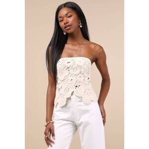 Lulus Envied Attitude Beige Crochet Strapless Crop Top - Size M